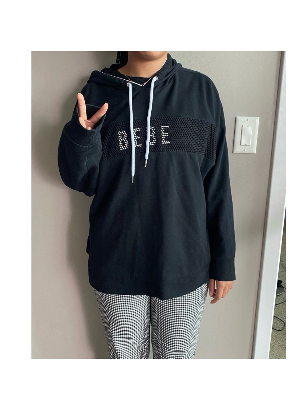 bebe Black Pullover Hoodie with Rhinestone Mesh Logo